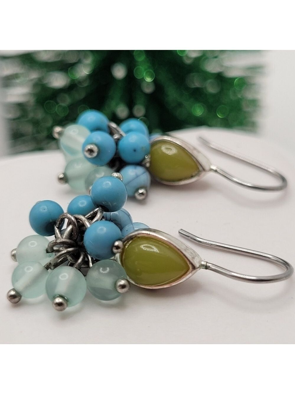 Monet Blue Beaded Cluster Dangle Earrings w/Teardrop Accent Topaz Peridot